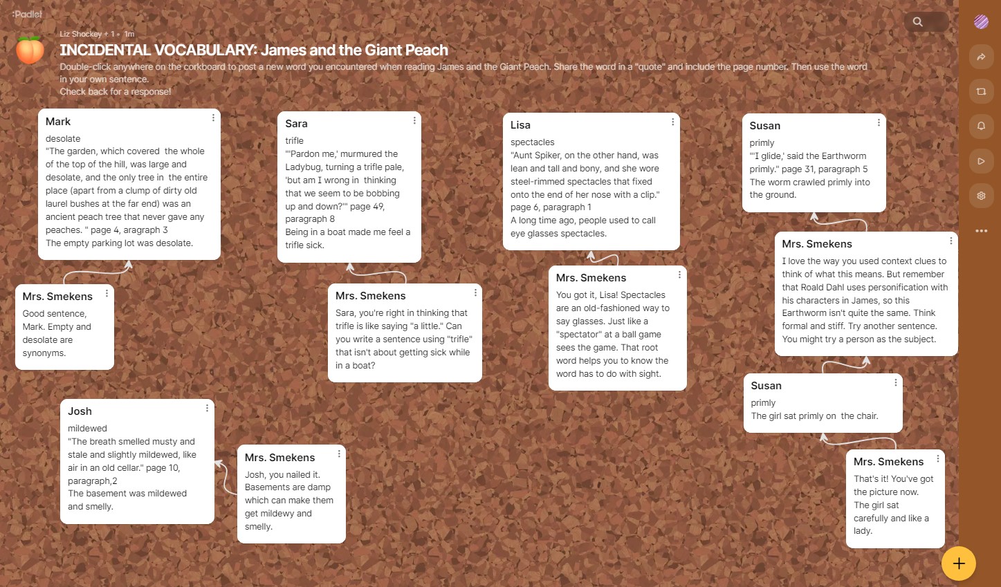 Padlet Example - Incidental Vocabulary from James and the Giant Peach
