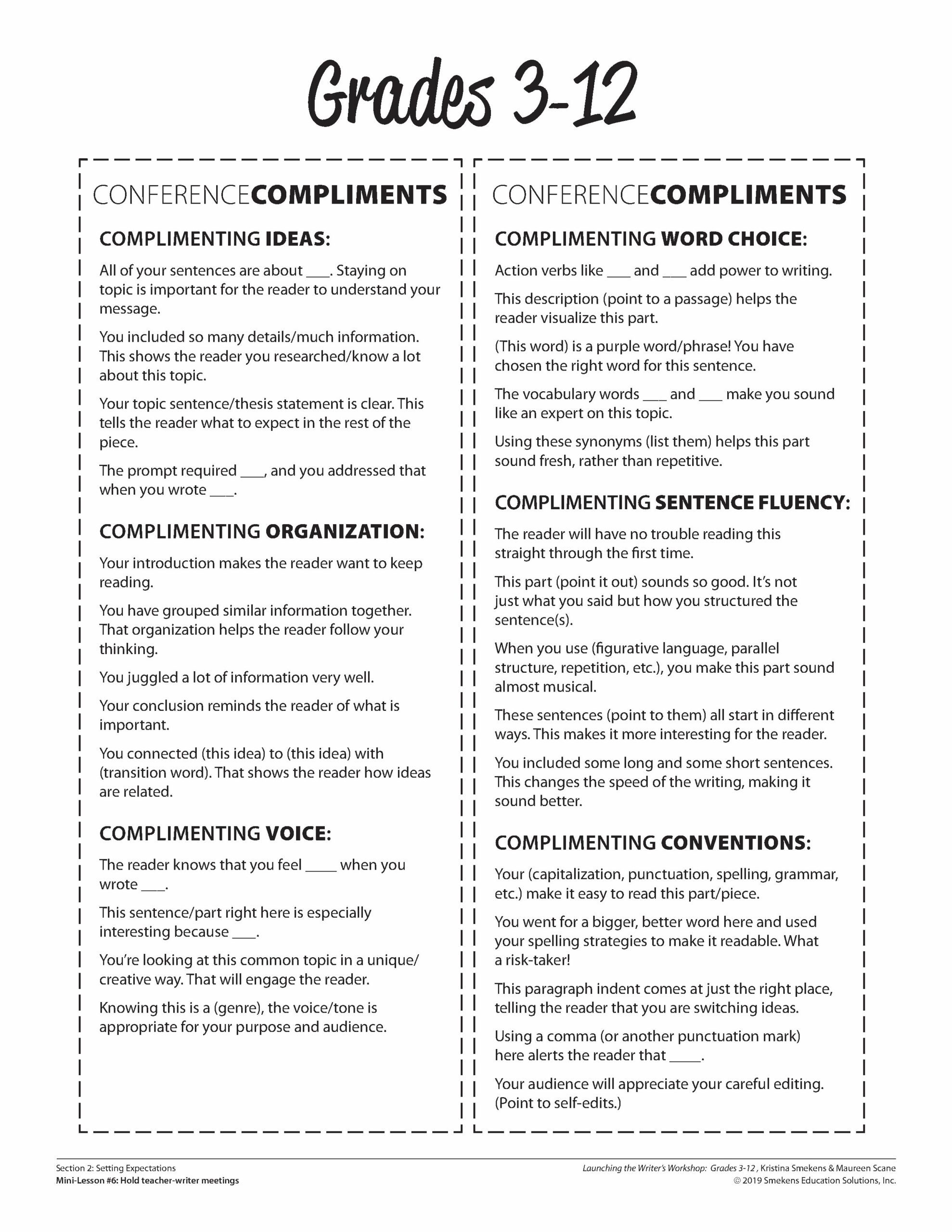 Grades 3-12 - Writer Conference Compliments - Teacher Resource