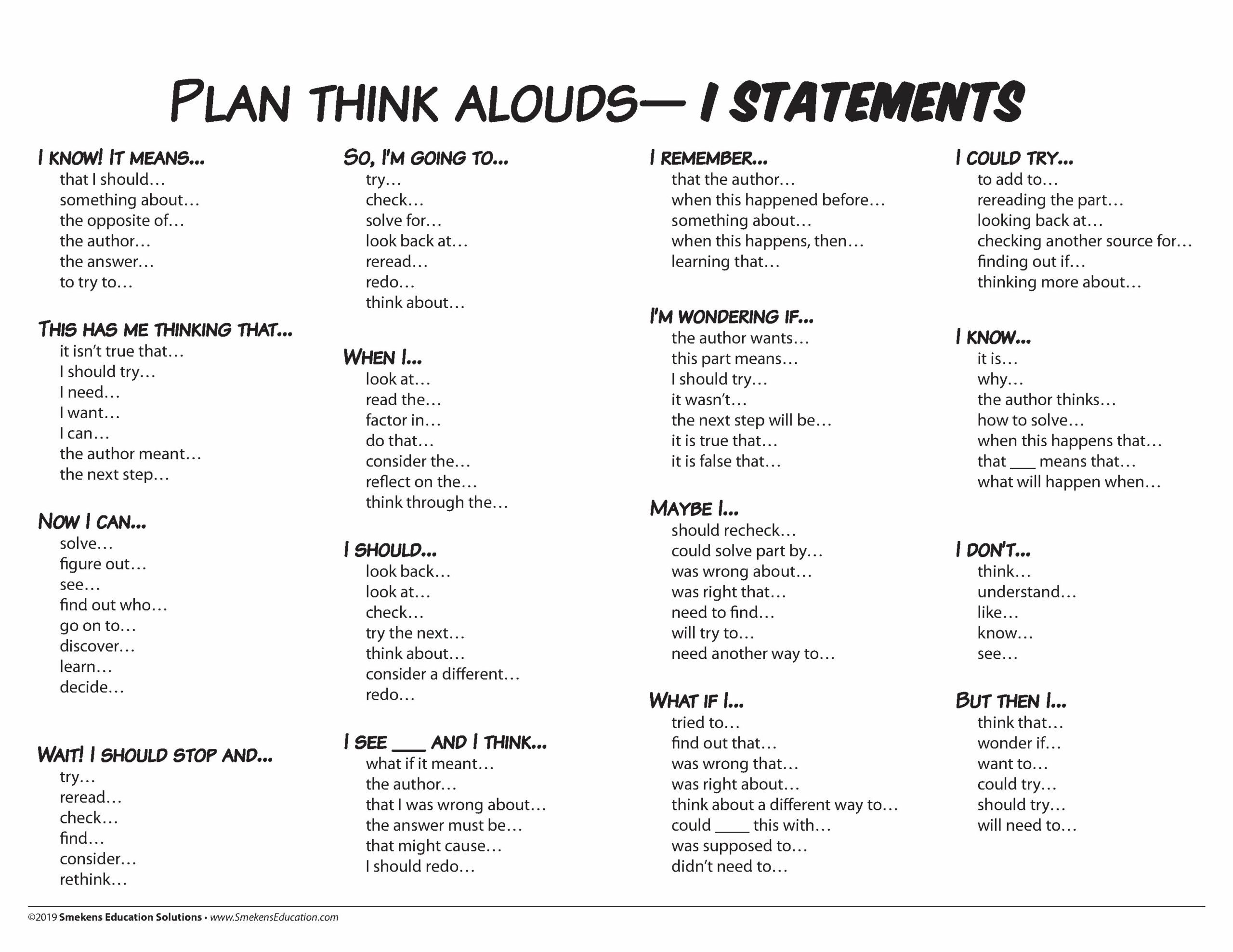 Plan Think Alouds - "I" Statements - Teacher Resource