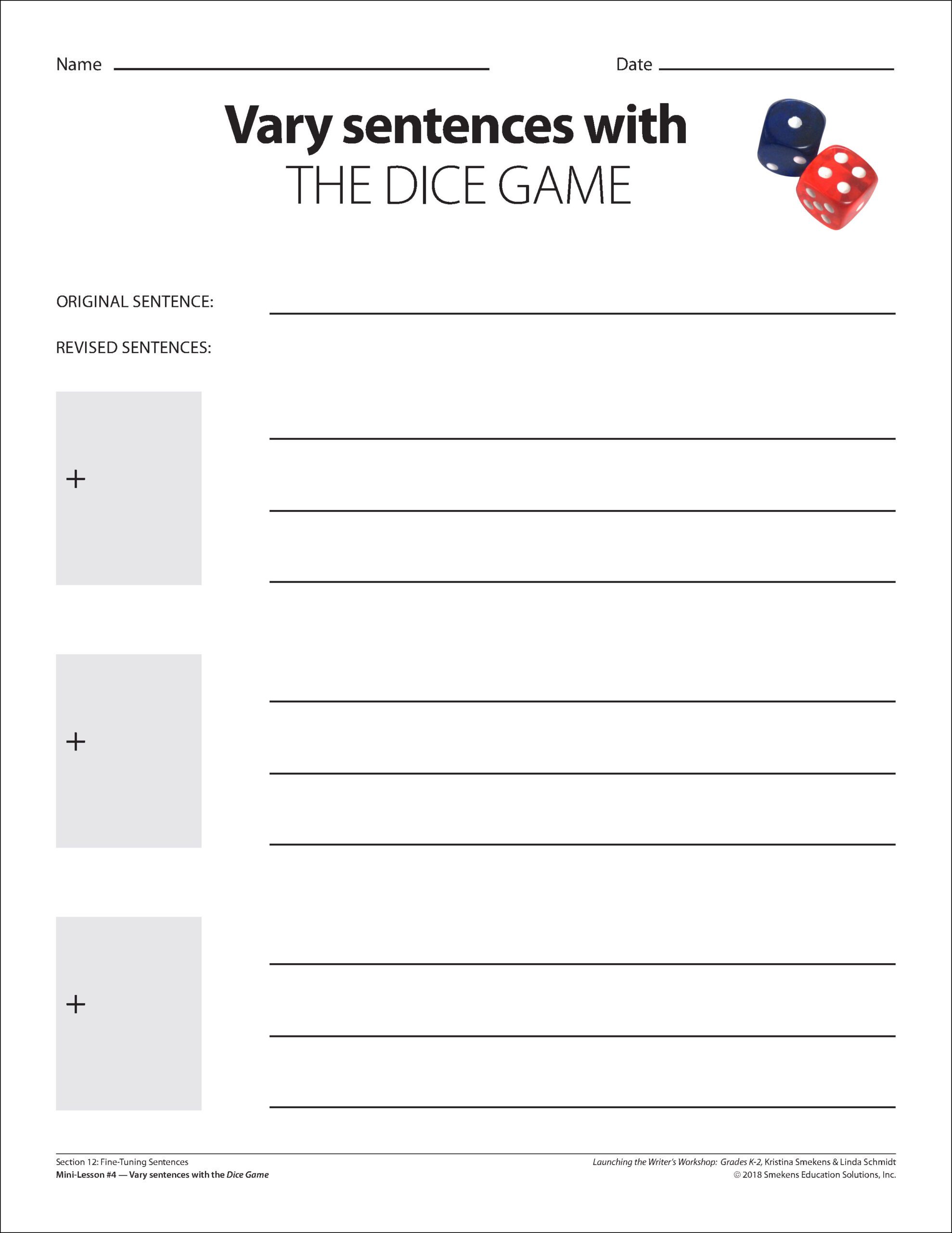 Dice Game - Vary sentence length - Student Handout