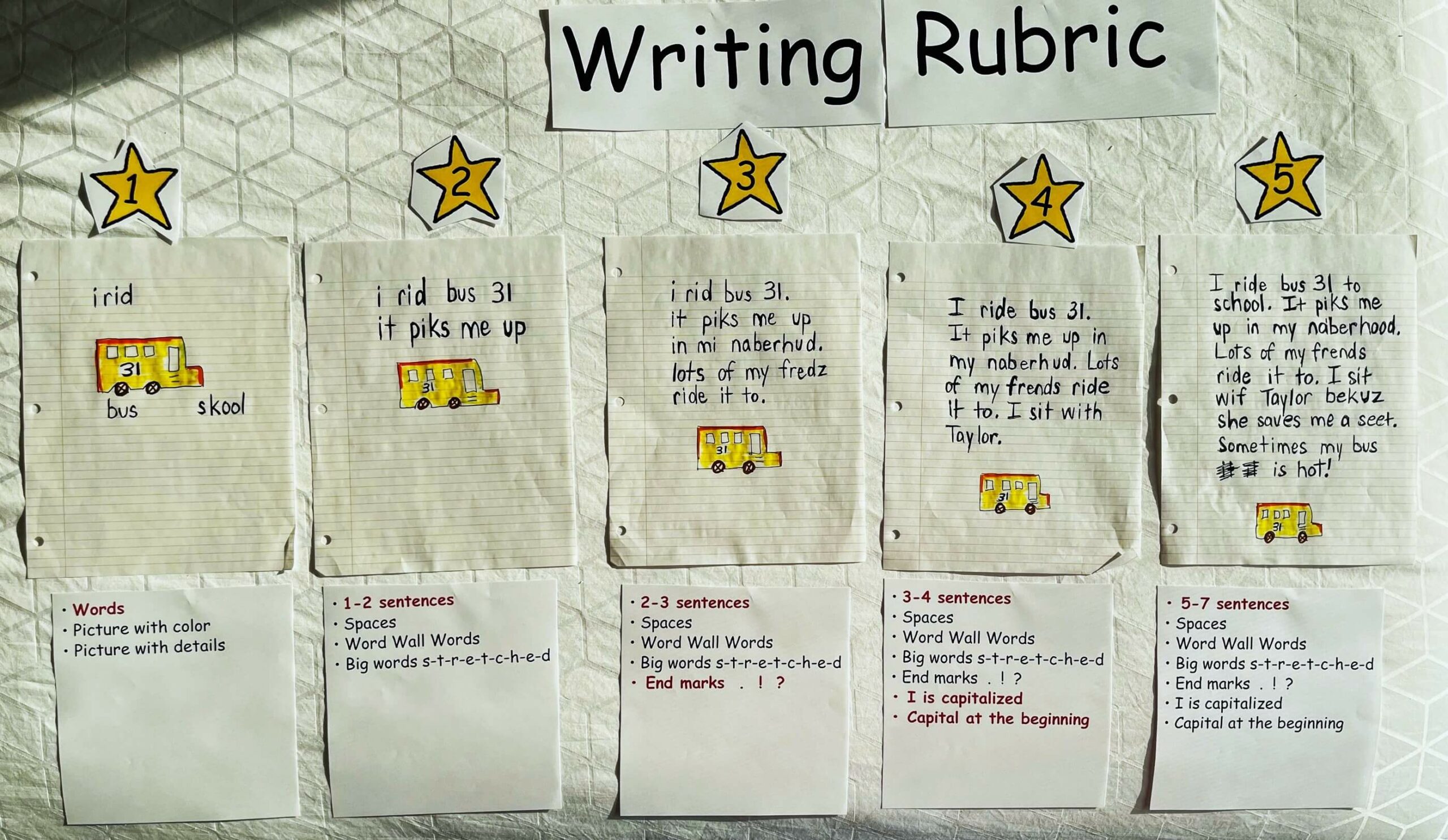 Writing Rubric Example - Bus picture and words - 5-Star Rubric